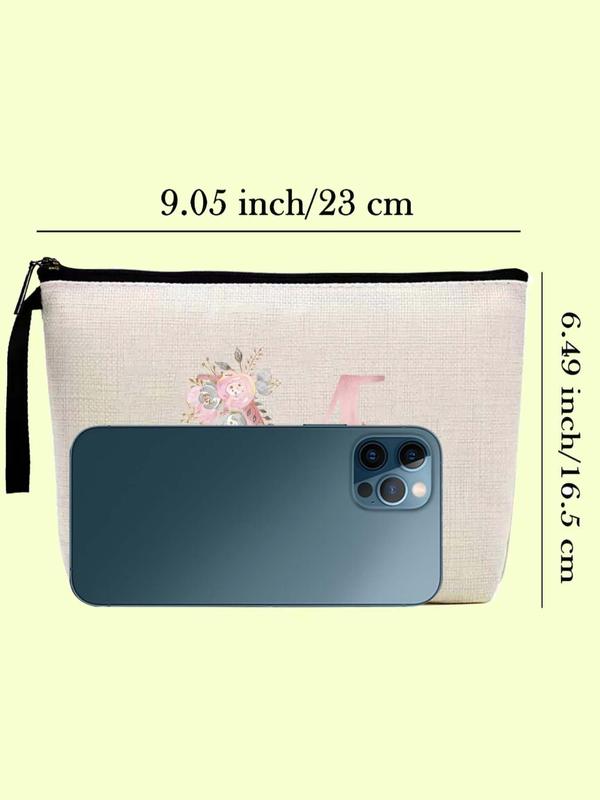 Letter & Floral Pattern Makeup Bag, Initial Letter Print Portable Cosmetic Bag, Travel Canvas Cosmetic Storage Bag, Birthday Gift