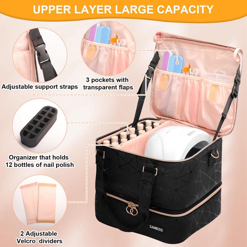 Nail Polish Organizer Bag Holds 54 Bottles (15ml 0.5 fl.oz)& Nail Lamp, PU Leather Nail Supplies Organizer with Holder& Shoulder Strap, Portable Travel Nail Kit Storage Carrying Case (Black) rare beauty toiletrybag