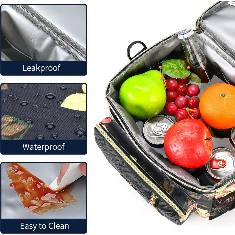 Lunch Bag for Women Work, 16L, Expandable Double Deck Lunch Box, Waterproof Leak-proof Cooler Bag, Fashionable Floral Portable Meal Prep Insulated Lunch Bag with Adjustable Shoulder Strap, Large lunch bag