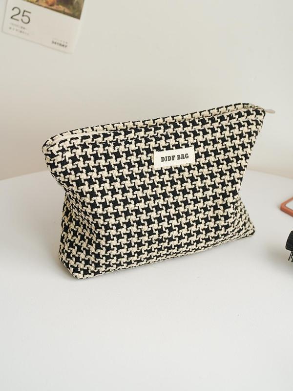 Letter Patched Design Houndstooth Pattern Makeup Bag, Casual Large Capacity Cosmetic Storage Bag, Portable Toiletry Bag for Travel & Daily Use