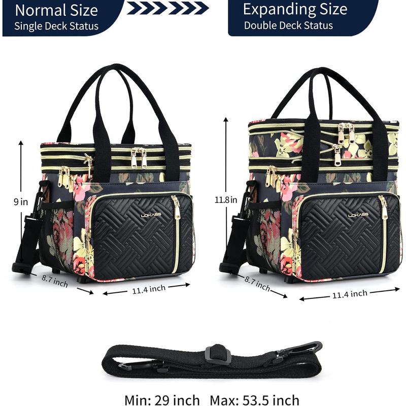 Lunch Bag for Women Work, 16L, Expandable Double Deck Lunch Box, Waterproof Leak-proof Cooler Bag, Fashionable Floral Portable Meal Prep Insulated Lunch Bag with Adjustable Shoulder Strap, Large lunch bag