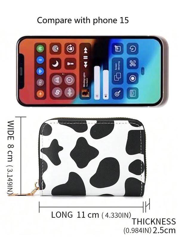 Women's Cow Pattern Zipper Short Wallet, Casual Colorblock Pu Leather Card Holder, Multi Card Slot Purse for Daily Used