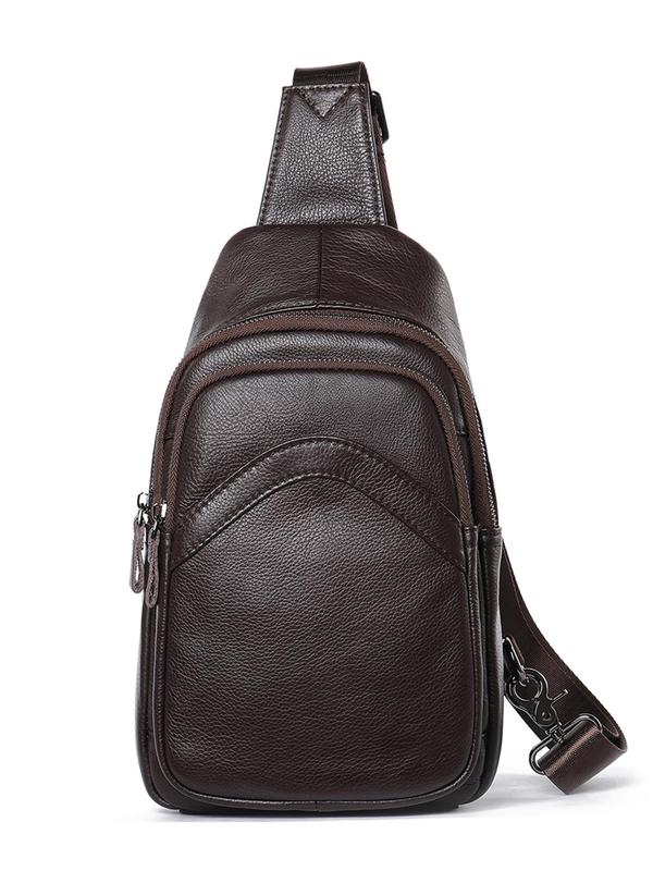 Men's Casual Plain Zipper Chest Bag, Fashionable Cowhide Leather Sling Bag for Daily Used, Casual Trendy Versatile High-quality Daily Commuting Bag