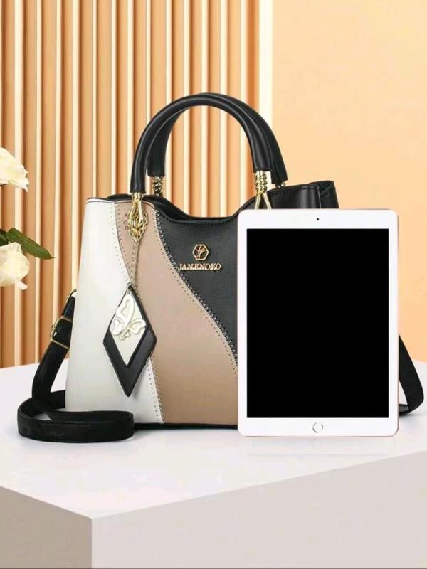 Women's Elegant Colorblock Crossbody Bag, Fashionable Large Capacity Handbag with Butterfly Charm, Casual Trendy Daily Commuting Bag for Women & Girls