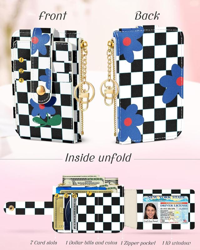 Credit Card Holder Wallet for Women - Cute Small for Ladies Teen Girls Female Rfid Black and White Checkered Plaid Leather Cardholder Wallets Organizer Purse Girly Aesthetic Print  Zipper