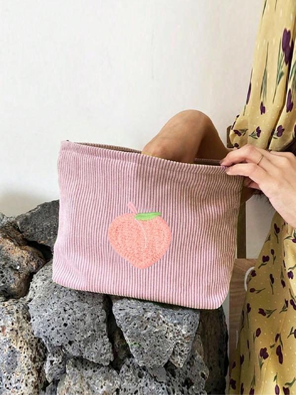 Trendy Cute Fruits Print Corduroy Makeup Bag for Summer, Sweetness Portable Cosmetic Storage Bag Purses for Women, Large Capacity Toiletry Bag, Bathroom Shower Cosmetic Bag As Gift for Girlfriend