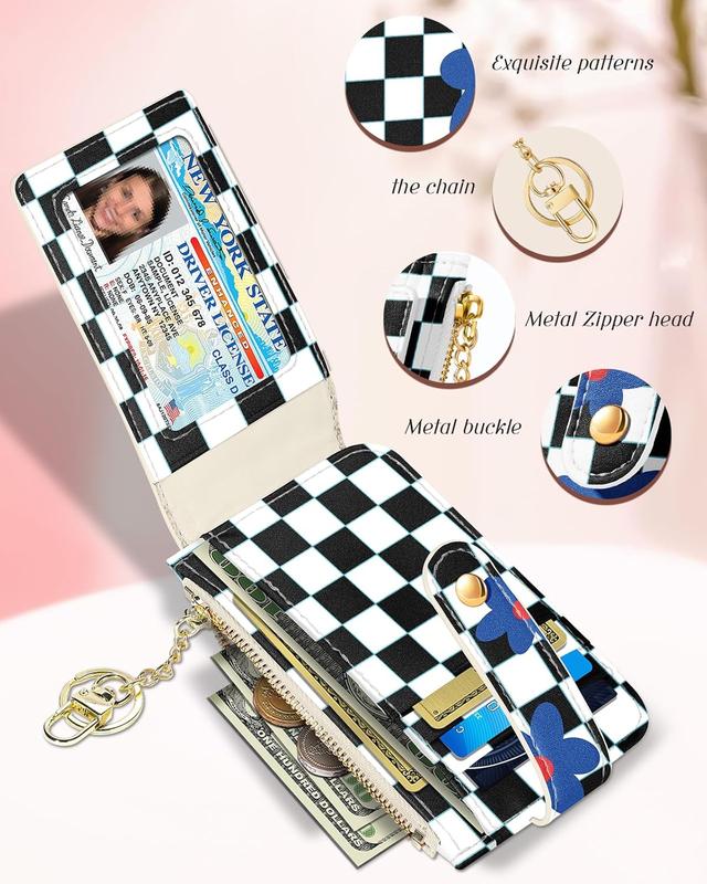 Credit Card Holder Wallet for Women - Cute Small for Ladies Teen Girls Female Rfid Black and White Checkered Plaid Leather Cardholder Wallets Organizer Purse Girly Aesthetic Print  Zipper