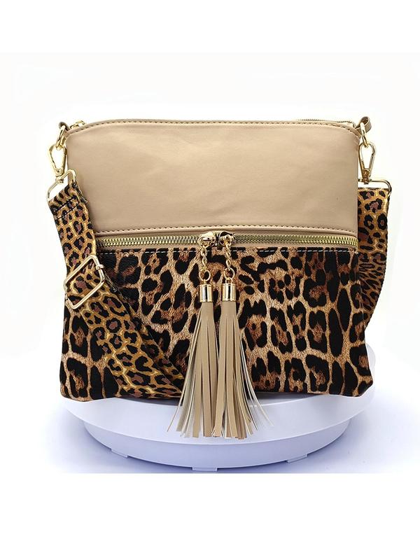 Women's Leopard Pattern Tassel Decorated Crossbody Bag, Casual Pu Leather Zipper Shoulder Bag for Daily Used, Trendy All-match Commuter Bag