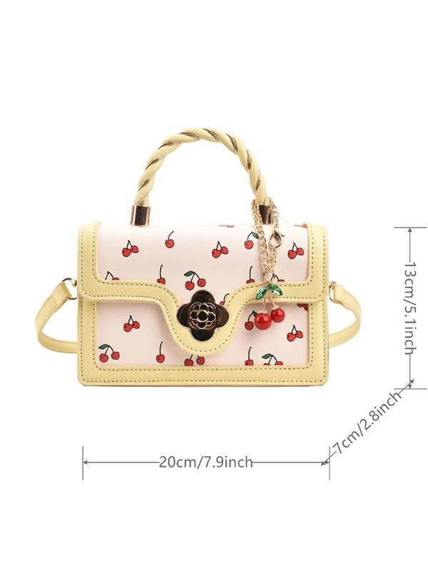 Summer Colorblock Cherry Pattern Handbag Back To School, Designer Bags Contrast Binding & Twist Top Handle Satchel Bag with Cherry Charm, Crossbody Bag Designer, Fall Outfits, Fall Freshness