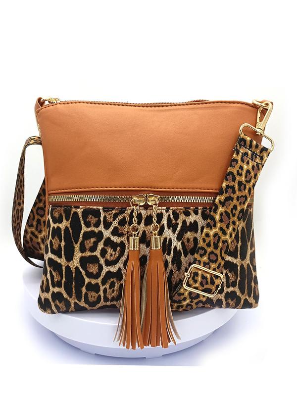 Women's Leopard Pattern Tassel Decorated Crossbody Bag, Casual Pu Leather Zipper Shoulder Bag for Daily Used, Trendy All-match Commuter Bag