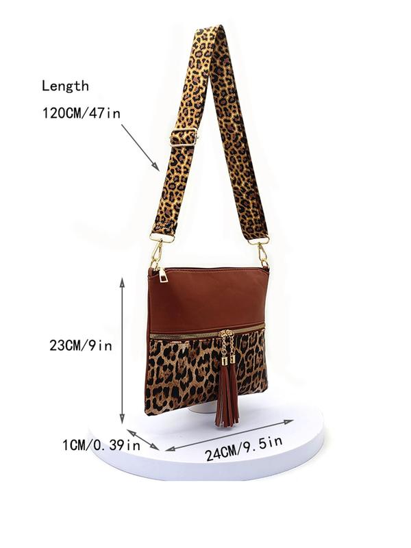 Women's Leopard Pattern Tassel Decorated Crossbody Bag, Casual Pu Leather Zipper Shoulder Bag for Daily Used, Trendy All-match Commuter Bag