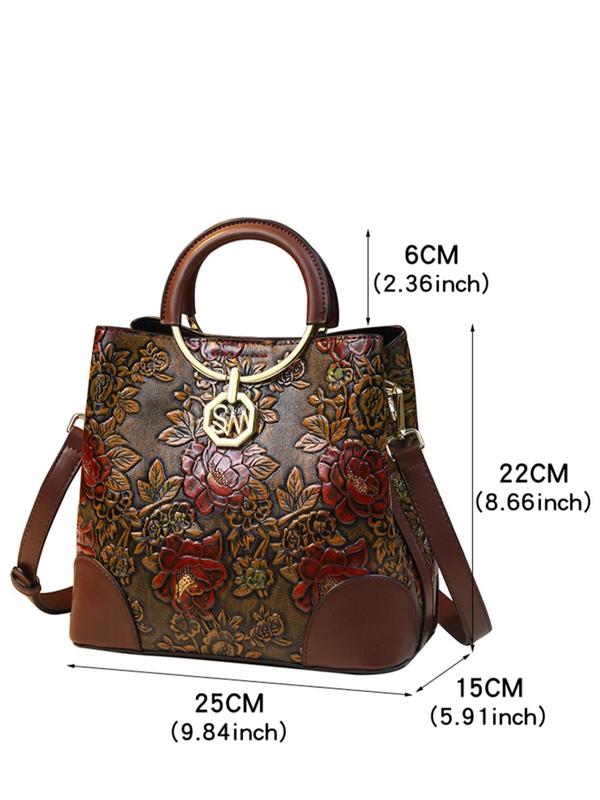 Women's Floral Embossed Geometric Charm Handbag, Fashionable Letter Decorated Zipper Shoulder Bag for Daily Used, Casual Trendy Versatile High-quality Daily Commuting Bag