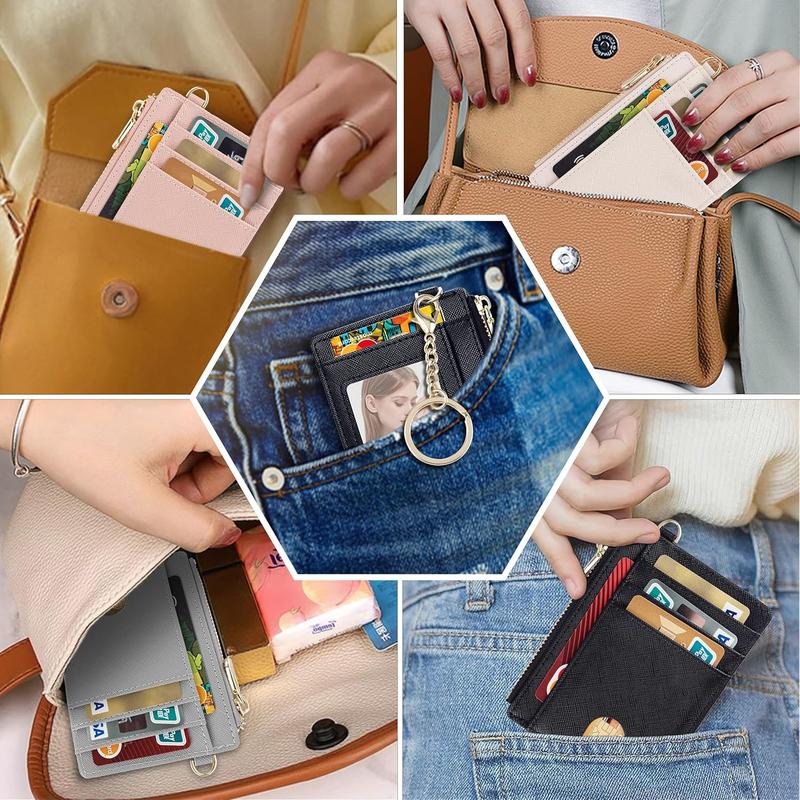 Slim Pocket Wallet, RFID Blocking Credit Card Holder Wallet with D-Shackle ID Window and Detachable keychain for Women