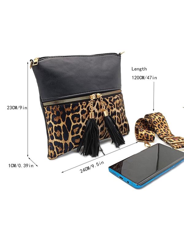 Women's Leopard Pattern Tassel Decorated Crossbody Bag, Casual Pu Leather Zipper Shoulder Bag for Daily Used, Trendy All-match Commuter Bag