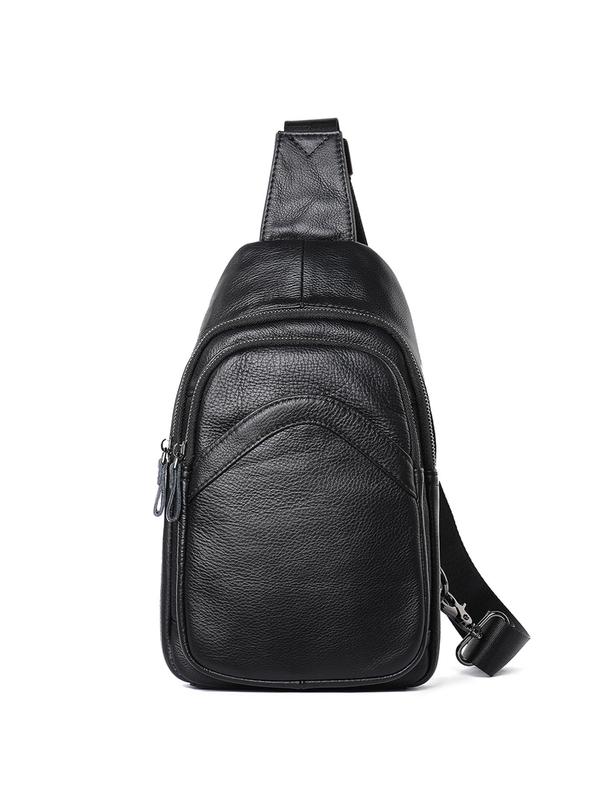 Men's Casual Plain Zipper Chest Bag, Fashionable Cowhide Leather Sling Bag for Daily Used, Casual Trendy Versatile High-quality Daily Commuting Bag