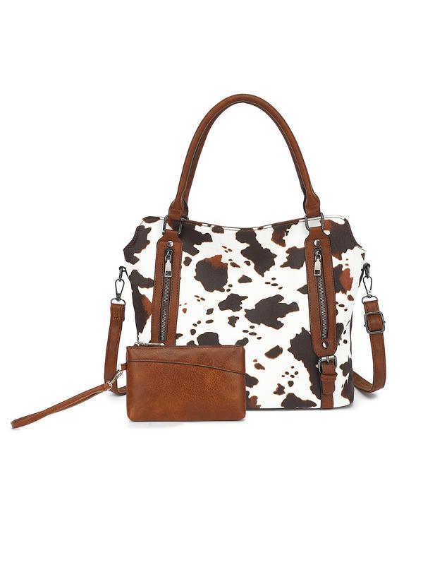 Women's Fashionable Cow Print   Leopard Print Tote Bag & Coin Purse, Casual Large Capacity Shoulder Bag Set for Daily Used, Trendy Versatile High-quality Daily Commuting Bag