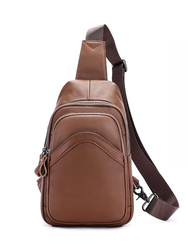 Men's Casual Plain Zipper Chest Bag, Fashionable Cowhide Leather Sling Bag for Daily Used, Casual Trendy Versatile High-quality Daily Commuting Bag