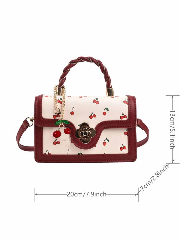 Summer Colorblock Cherry Pattern Handbag Back To School, Designer Bags Contrast Binding & Twist Top Handle Satchel Bag with Cherry Charm, Crossbody Bag Designer, Fall Outfits, Fall Freshness