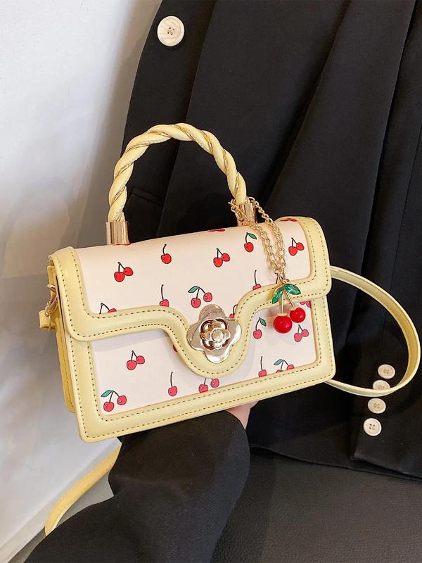 Summer Colorblock Cherry Pattern Handbag Back To School, Designer Bags Contrast Binding & Twist Top Handle Satchel Bag with Cherry Charm, Crossbody Bag Designer, Fall Outfits, Fall Freshness