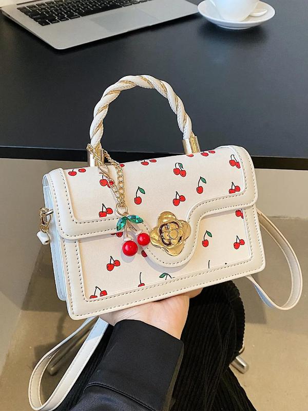 Summer Colorblock Cherry Pattern Handbag Back To School, Designer Bags Contrast Binding & Twist Top Handle Satchel Bag with Cherry Charm, Crossbody Bag Designer, Fall Outfits, Fall Freshness