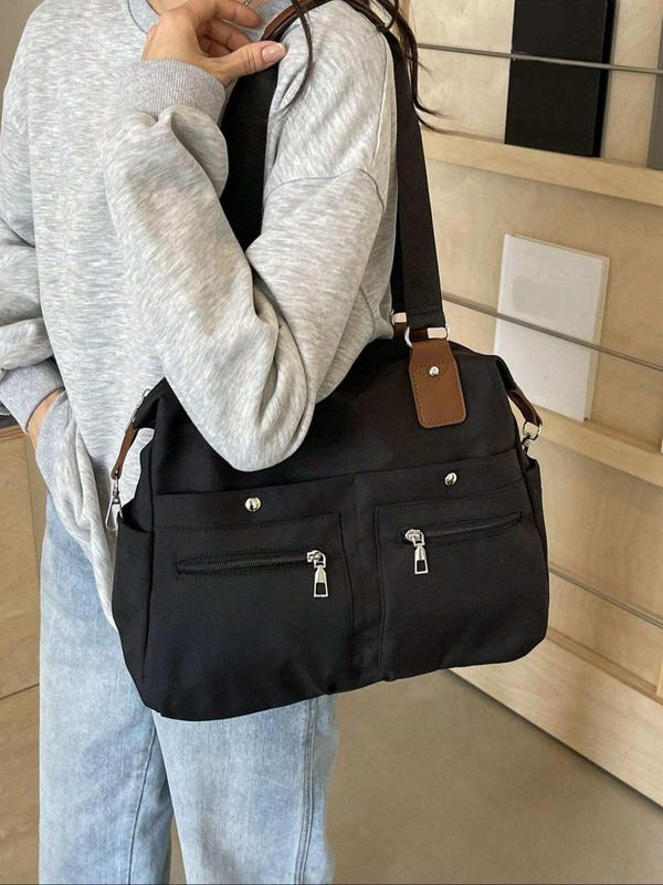 Women's Solid Color Multi-pocket Tote Bag, Fashionable Large Capacity Shoulder Bag for Daily Commute, Casual Trendy Versatile High-quality Daily Commuting Bag