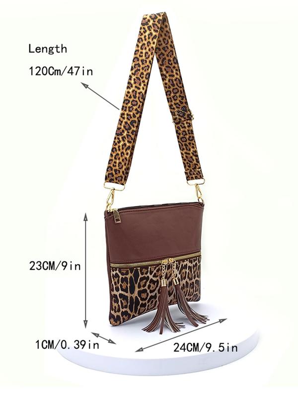 Women's Leopard Pattern Tassel Decorated Crossbody Bag, Casual Pu Leather Zipper Shoulder Bag for Daily Used, Trendy All-match Commuter Bag