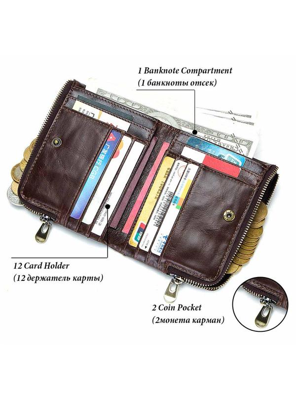 Men's Casual Plain Cowhide Wallet, Rfid Card & Coin Purse with Card Holder Design, Simple Style Trendy Wallet for Work & Daily Use