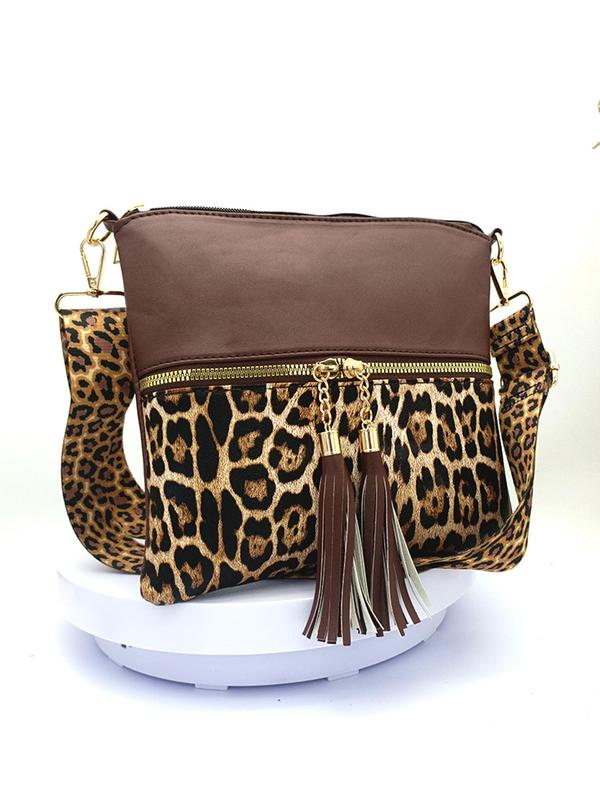 Women's Leopard Pattern Tassel Decorated Crossbody Bag, Casual Pu Leather Zipper Shoulder Bag for Daily Used, Trendy All-match Commuter Bag