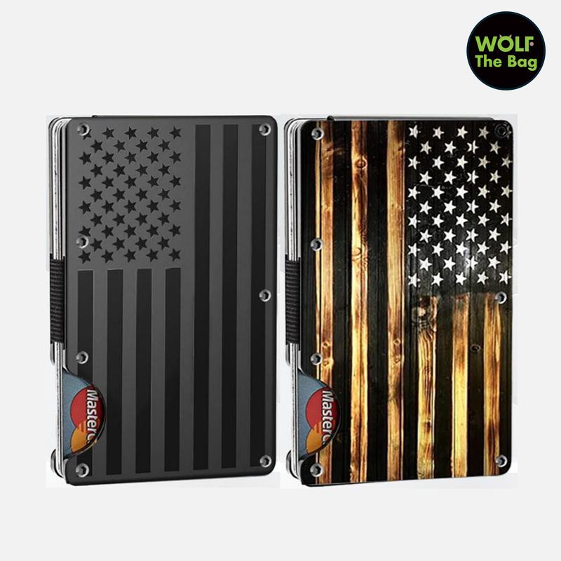 RFID Blocking Minimalist Black Wood Grain Slim Card Holder for Men,Cash Strap,Easily Removable Money Clip, American Flag Artcraft Card Holder