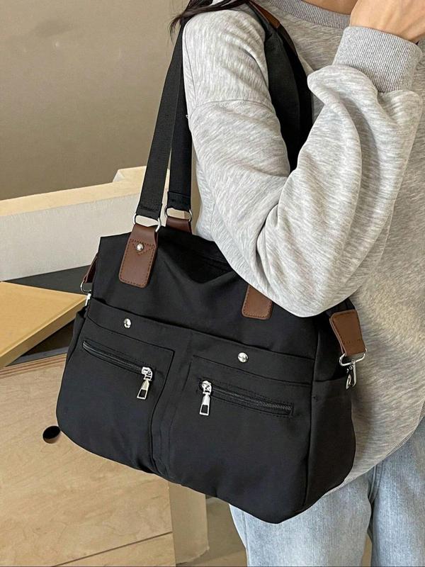 Women's Solid Color Multi-pocket Tote Bag, Fashionable Large Capacity Shoulder Bag for Daily Commute, Casual Trendy Versatile High-quality Daily Commuting Bag