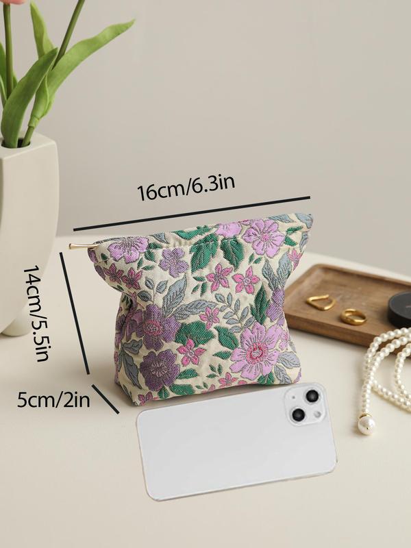 Floral Pattern Letter Patched Makeup Bag, Portable Cosmetic Bag, Makeup Organizer Pouch, Storage Bag for Skincare, Makeup, Travel Essentials Storage