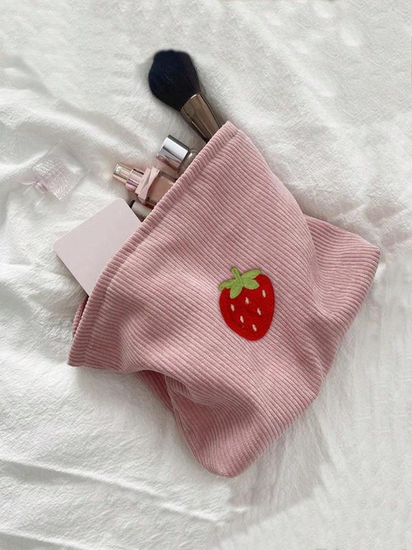 Trendy Cute Fruits Print Corduroy Makeup Bag for Summer, Sweetness Portable Cosmetic Storage Bag Purses for Women, Large Capacity Toiletry Bag, Bathroom Shower Cosmetic Bag As Gift for Girlfriend