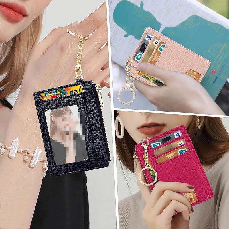 Slim Pocket Wallet, RFID Blocking Credit Card Holder Wallet with D-Shackle ID Window and Detachable keychain for Women