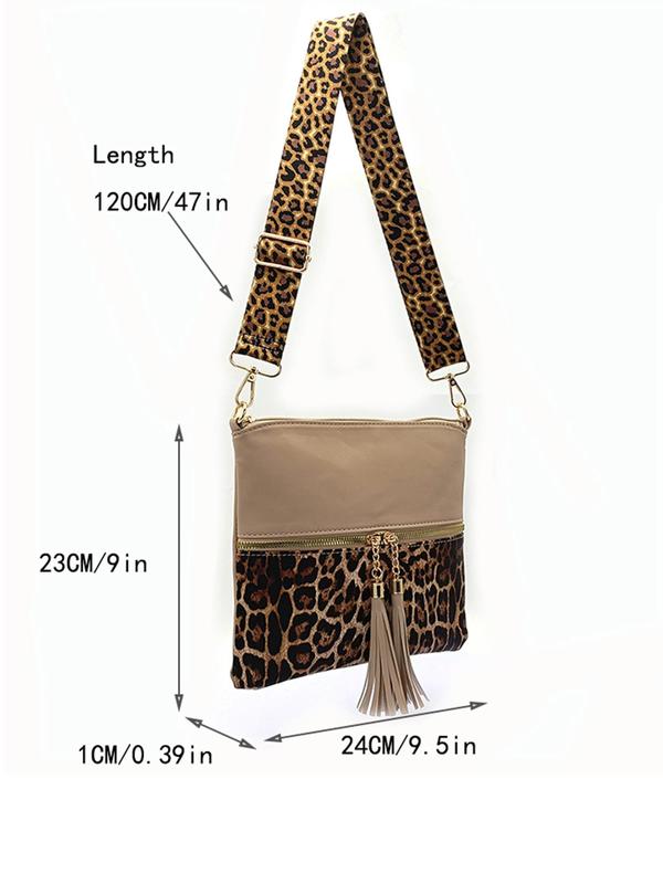 Women's Leopard Pattern Tassel Decorated Crossbody Bag, Casual Pu Leather Zipper Shoulder Bag for Daily Used, Trendy All-match Commuter Bag