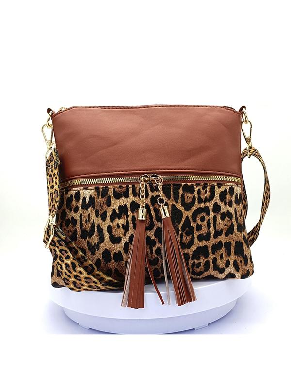 Women's Leopard Pattern Tassel Decorated Crossbody Bag, Casual Pu Leather Zipper Shoulder Bag for Daily Used, Trendy All-match Commuter Bag