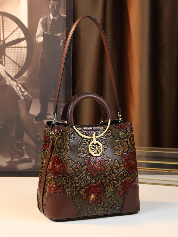 Women's Floral Embossed Geometric Charm Handbag, Fashionable Letter Decorated Zipper Shoulder Bag for Daily Used, Casual Trendy Versatile High-quality Daily Commuting Bag