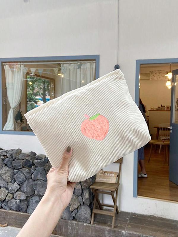 Trendy Cute Fruits Print Corduroy Makeup Bag for Summer, Sweetness Portable Cosmetic Storage Bag Purses for Women, Large Capacity Toiletry Bag, Bathroom Shower Cosmetic Bag As Gift for Girlfriend