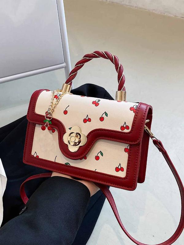 Summer Colorblock Cherry Pattern Handbag Back To School, Designer Bags Contrast Binding & Twist Top Handle Satchel Bag with Cherry Charm, Crossbody Bag Designer, Fall Outfits, Fall Freshness