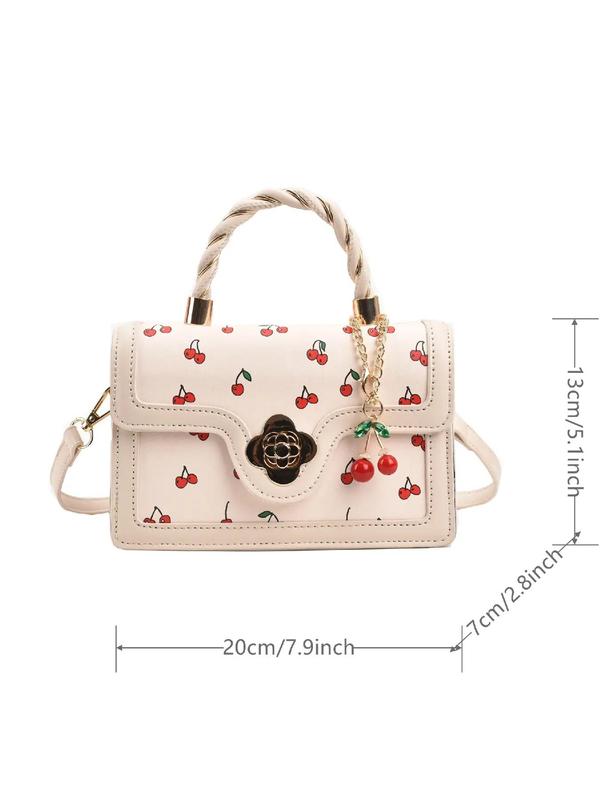 Summer Colorblock Cherry Pattern Handbag Back To School, Designer Bags Contrast Binding & Twist Top Handle Satchel Bag with Cherry Charm, Crossbody Bag Designer, Fall Outfits, Fall Freshness