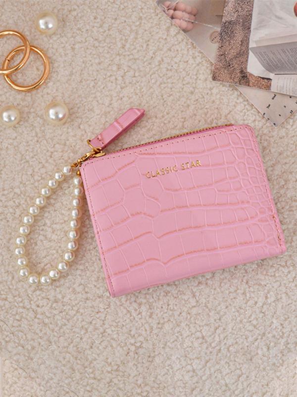 Women's Fashionable Crocodile Embossed Faux Pearl Decorated Card Holder, Casual Versatile Bifold Wallet for Daily Used, Trendy All-match & Exquisite Wallet for Birthday Gift