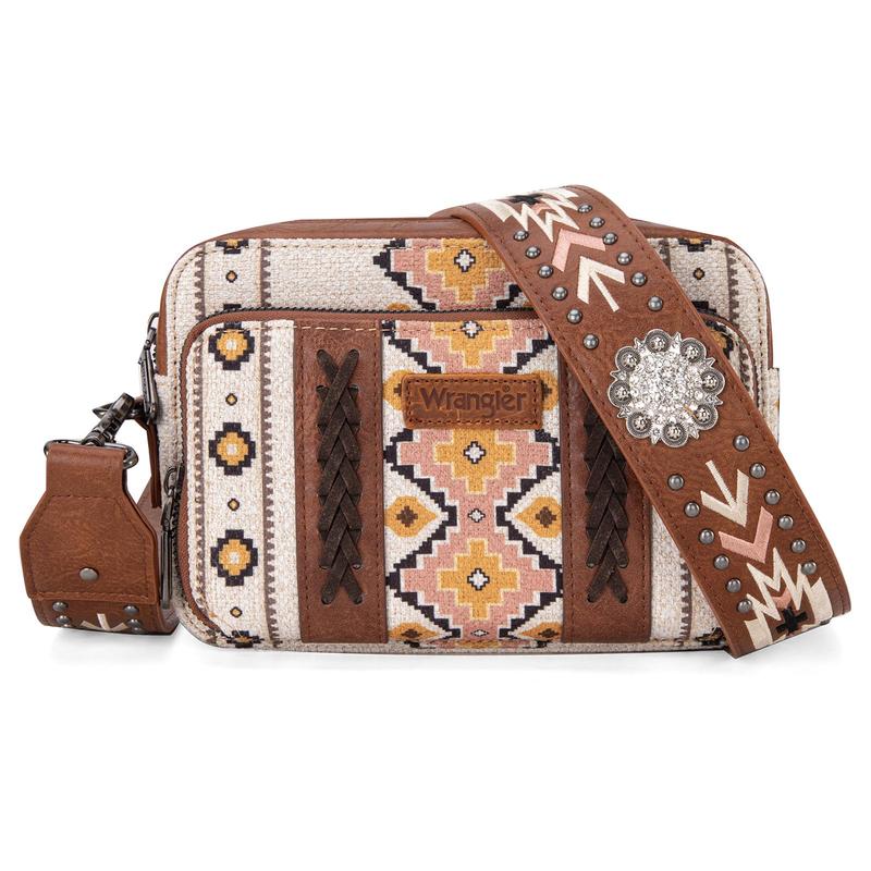 Wrangler Crossbody Bag for Women Boho Aztec Small Western Shoulder Bag with Wide Guitar Strap Gift Coffee WG2207-3003CF