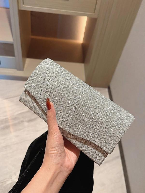 Women's Minimalist Elegant Plain Glitter Evening Bag, Solid Evening Bag with Chain Strap For Party & Dating & Wedding