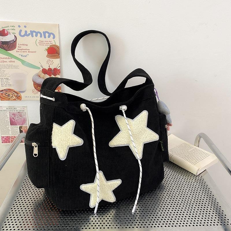 Star Pattern corduroy Tote Bag for Party, Casual Large capacity corduroy Everything Tote Bag for Daily Used, Drawstring Design Tote Bag for School & College & Work Tote Bag