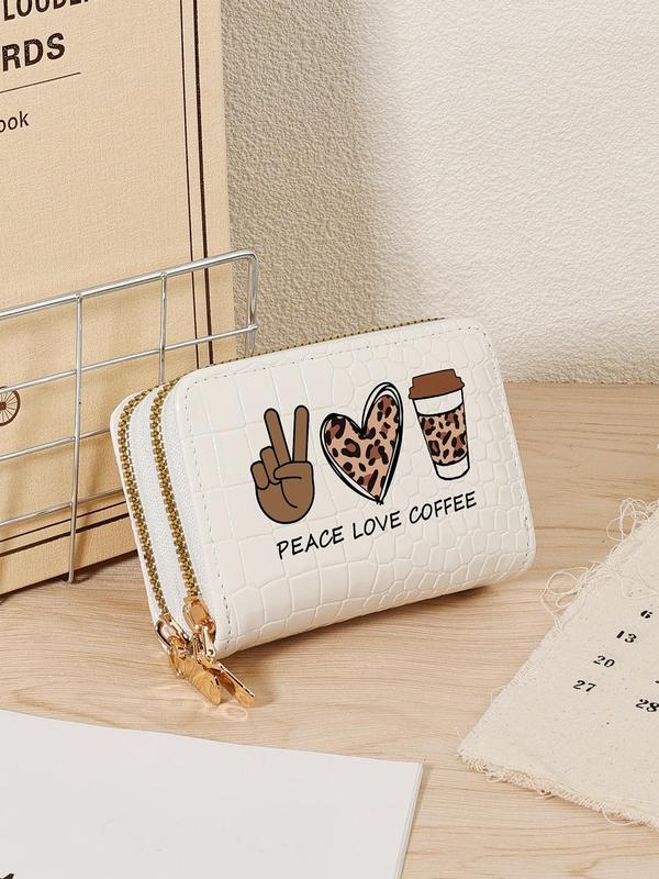 Fashion Leopard Heart & Letter Pattern Card Holder, Casual PU Leather Zipper Short Wallet, Simple Multi Card Holder for Women & Girls