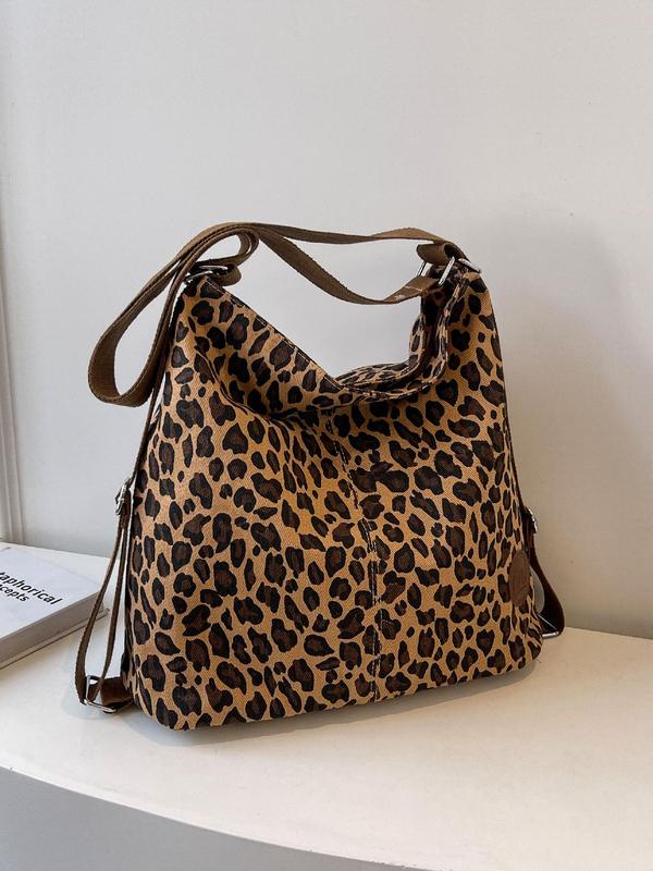 Fashion Leopard Pattern Patched Design Shoulder Bag, Multifunctional Large Capacity Tote Bag for Women, Multiple Use School Backpack for Daily Used