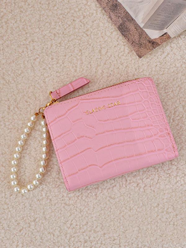 Women's Fashionable Crocodile Embossed Faux Pearl Decorated Card Holder, Casual Versatile Bifold Wallet for Daily Used, Trendy All-match & Exquisite Wallet for Birthday Gift