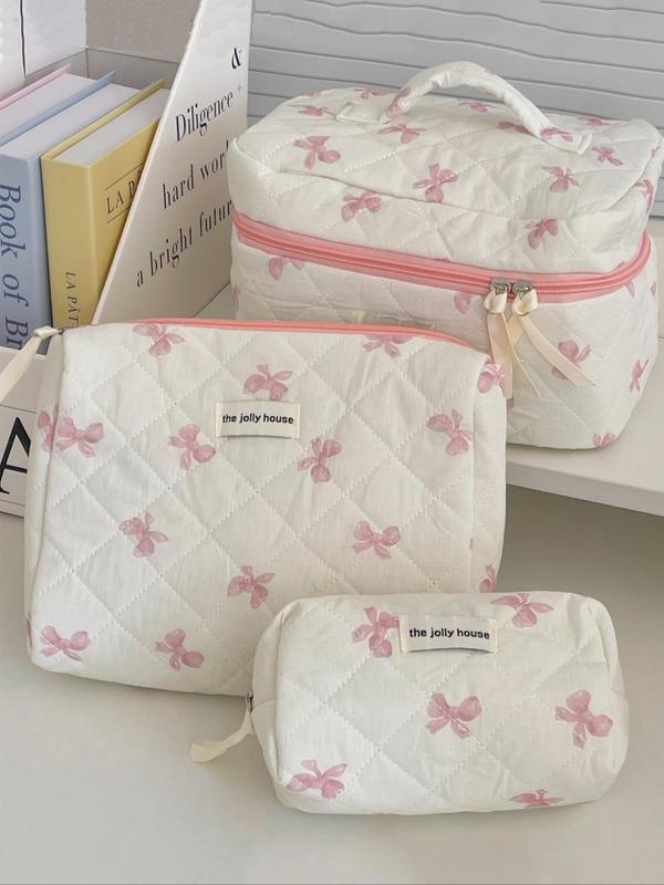 Bow Print Makeup Bag Set, Travel Cosmetic Storage Bag, Zipper Makeup Organizer Pouch, Versatile Storage Everyday Bags Great for Skincare, Lotion, Cream, Lip Balm, Eyeliners, Mirror, Stationery, Outing, Fall Outfits, Fall Freshness