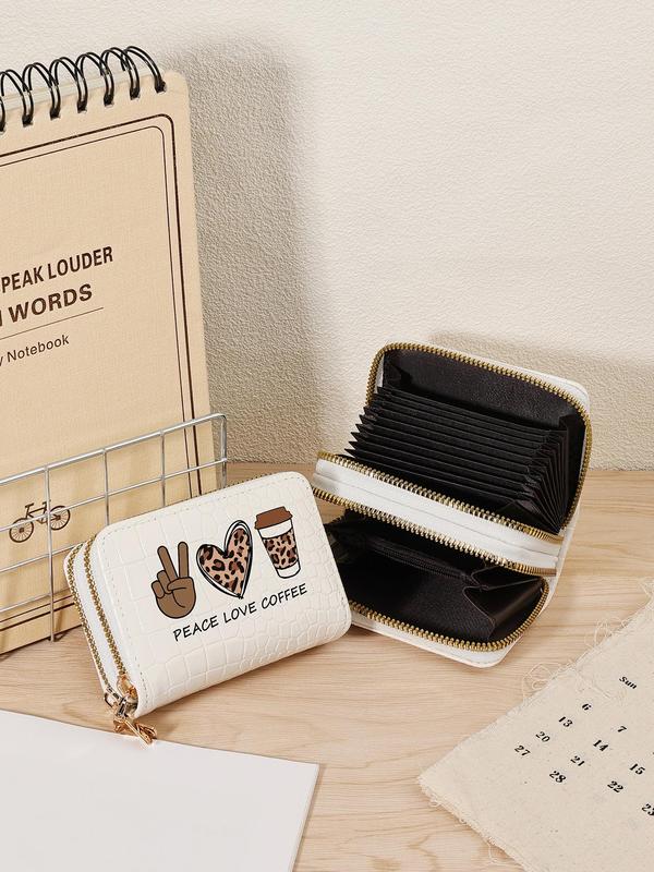 Fashion Leopard Heart & Letter Pattern Card Holder, Casual PU Leather Zipper Short Wallet, Simple Multi Card Holder for Women & Girls