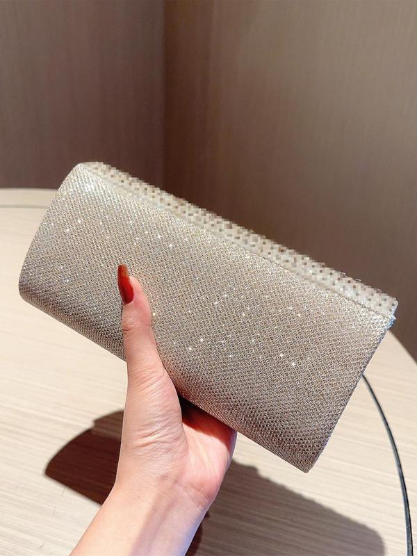 Women's Minimalist Elegant Plain Glitter Evening Bag, Solid Evening Bag with Chain Strap For Party & Dating & Wedding