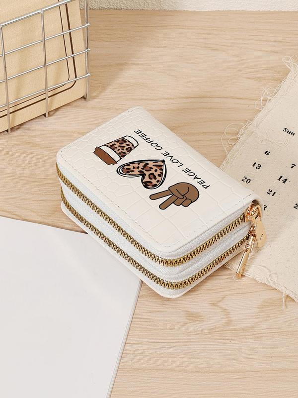 Fashion Leopard Heart & Letter Pattern Card Holder, Casual PU Leather Zipper Short Wallet, Simple Multi Card Holder for Women & Girls